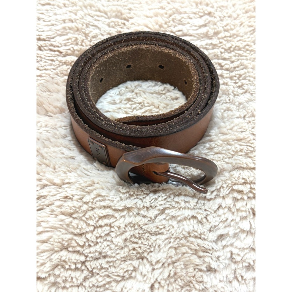 Fossil Womens Cognac Brown Leather Belt Size L Antique Bronze Buckle Y2K Boho